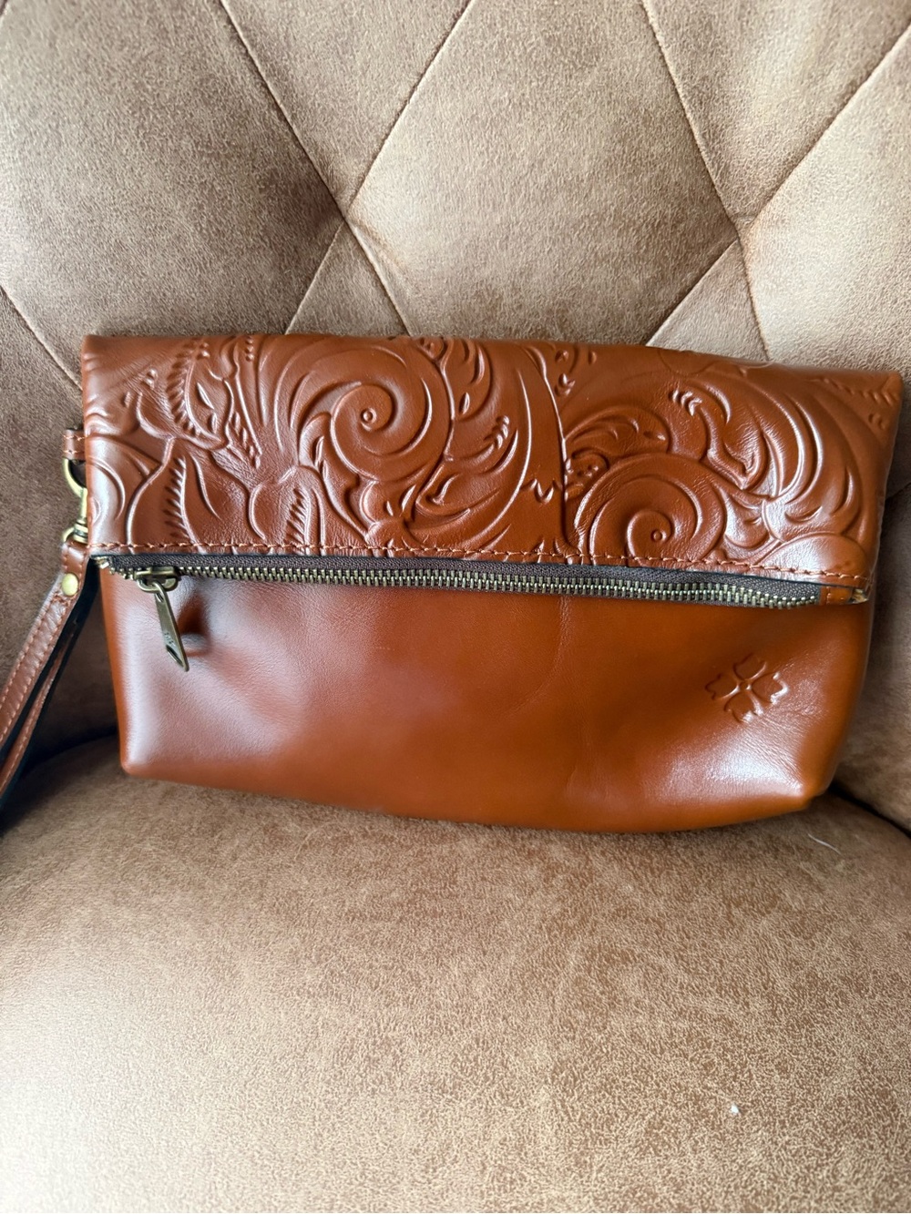 Embossed Leather Foldover Clutch - Brown
